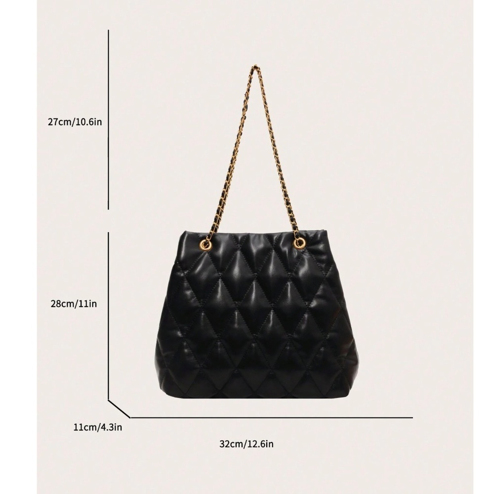 Luxe Black Vegan Leather Quilted Gold Tone chain Large Shoulder Bag - Picture 7 of 7